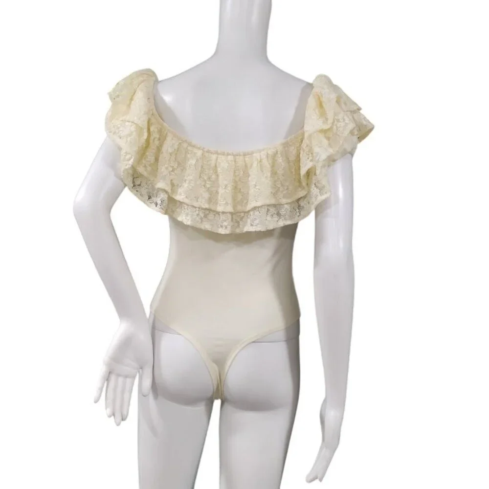 Coco + Jaimeson OffShoulder Lace Ruffle Cream Bodysuit Boho Festive Whimsy Small - Picture 6 of 11